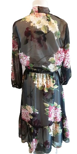 RALPH LAUREN Black Pink Floral Sheer Chiffon Overlay Tie Neck Midi Dress 6 - Picture 12 of 18
