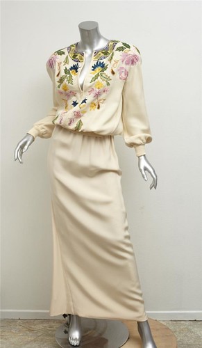 NIGHT by VALENTINO VINTAGE Ivory Beaded Floral Top+Long Maxi Skirt Outfit XS - Afbeelding 1 van 6
