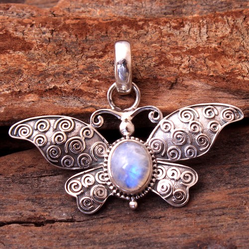 Moonstone Gemstone 925 sterling Silver Jewelry Solid Butterfly Pendant - Picture 12 of 14