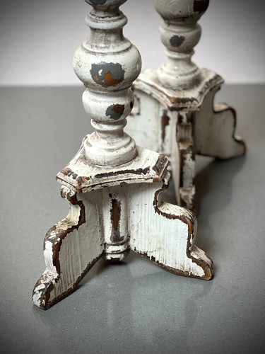 FRENCH CANDLE STICKS A PAIR HAND-TURNED WOOD DISTRESSED PAINT FINISH 50 cms HIGH - Picture 10 of 17