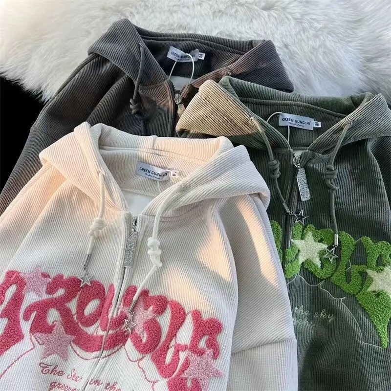 Y2k Trouble and Stars Embroidered Zip Up hoodie 2023