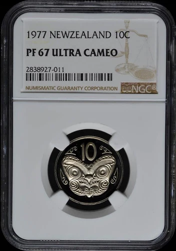 :1977 10C NEW ZEALAND NGC PF-67-ULTRA-CAMEO KM#41.1 KORURU-MAORI-MASK LOW-POP R9