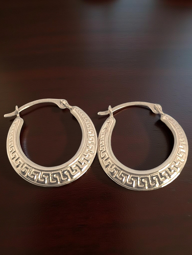 SMALLER 14K YELLOW GOLD GREEK KEY HUGGIE 5/8" HOOP EARRINGS #7962