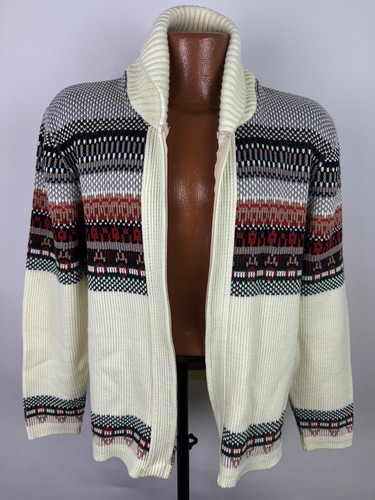 Vintage 70s Fairisle Sweater Men L Full-Zip Shawl Collar Ski Resort Boho Vancort - Picture 3 of 14