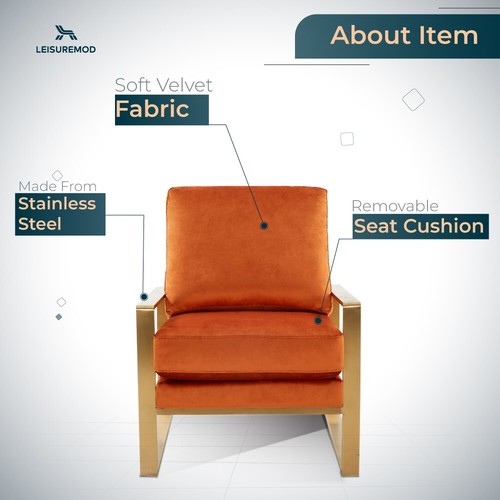 LeisureMod Jefferson Velvet Design Accent Armchair with Gold Brass Finish Frame - Picture 42 of 73
