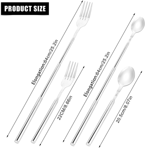 Extendable Fork Spoon, Telescopic Fork and Spoon Set Stainless Steel Long Fork E - Picture 2 of 7