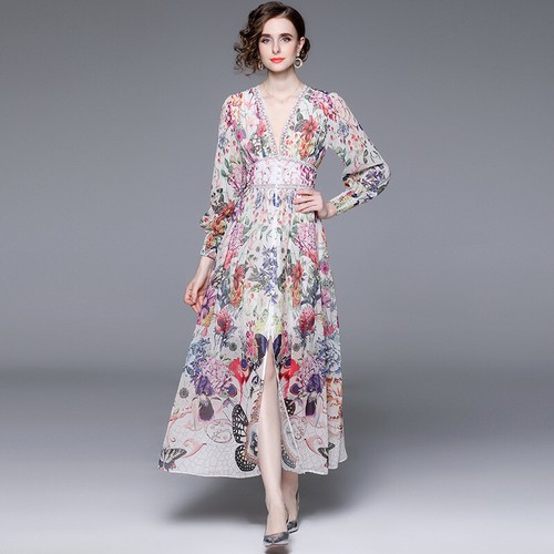 Vacation V-neck Printed Floral A-line Long Sleeve Womens Long Beach Party Dress - Bild 3 von 14