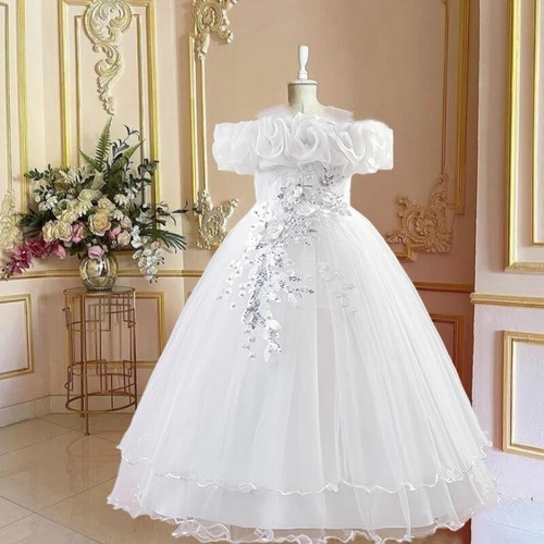 Kids Girls Floral Mesh Dress Formal Gown Party Prom Ball Dance Performance Dress - Picture 17 of 20