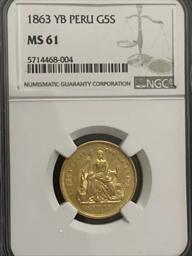 Very Rare 1863 YB GOLD PERU 5 SOLES SEATED LIBERTY TRANSITIONAL NGC MS61