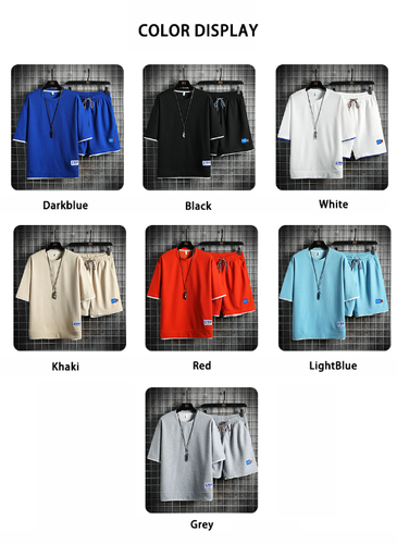 Lockeres Herren Set Waffelstoff Atmungsaktiv Männlich Freizeit Sport Set Tshirt + Shorts - Bild 10 von 19