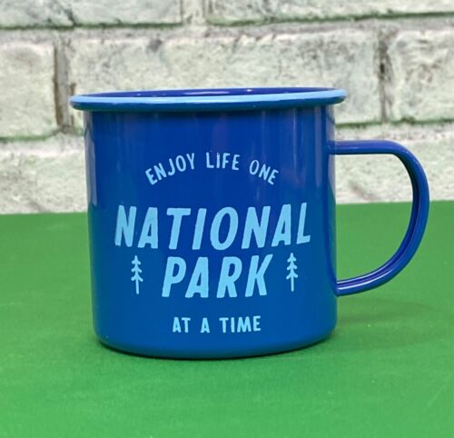 New Target Blue Enamel Tin Cup Camping - Enjoy Life One National Park At A Time - Picture 2 of 9