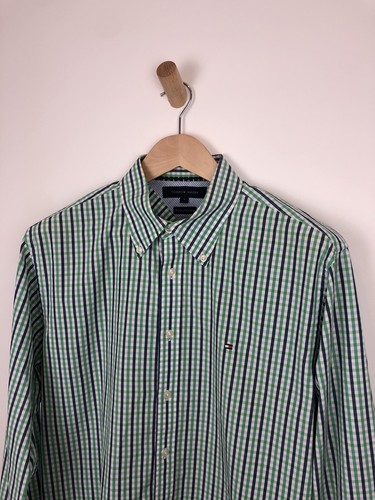 Camisa Tommy Hilfiger L Cuadros Verde Y Azul Años 80 Dos Capas Algodón Ajuste Personalizado - Imagen 2 de 9