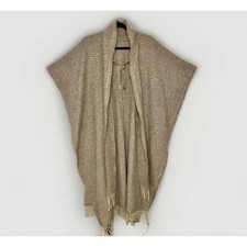Vintage Wool Cape Poncho Fringe with Scarf One Size Taupe Beige