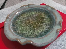 6” handmade pottery & crushed  glass ashtray/trinket dish blue/green USA *VG*