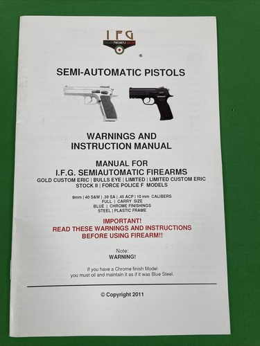 Original I.F.G. Semiautomatic Firearms Pistol INSTRUCTION MANUAL & Parts List - Picture 1 of 5