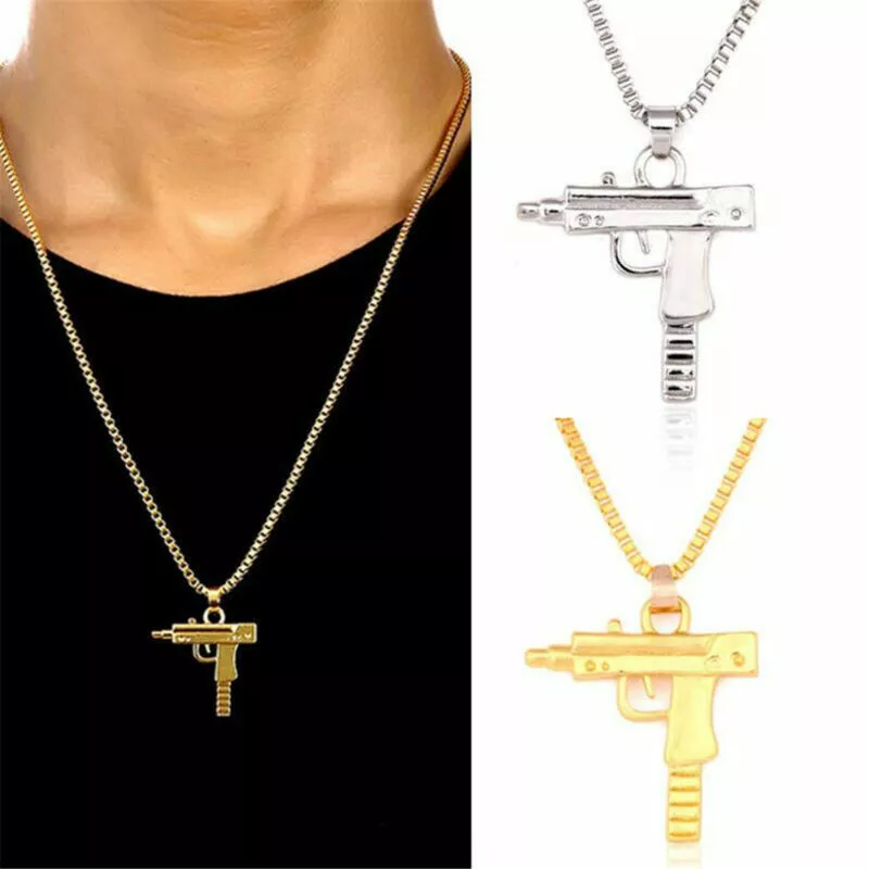 1pc Uzi Machine Gun Pistol Necklace Pendant Chain Gold Hip Hop Jewelry Gifts