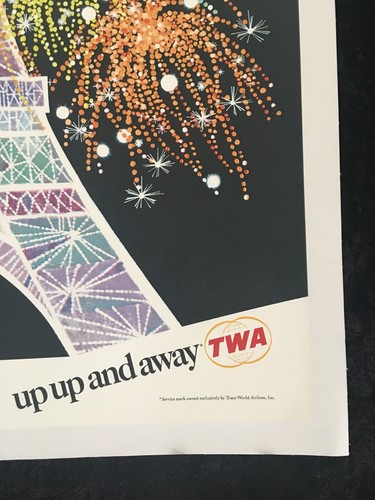 PARIS - FLY TWA JETS- Orig. 1968 DAVID KLEIN  Travel Poster LINEN LINED -RARE - Picture 6 of 7