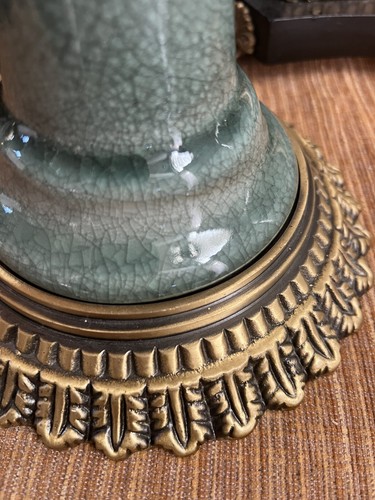 Vintage French Light Green porcelain Brass Candelabra from 1960's21"Tall 3arm - Picture 7 of 20
