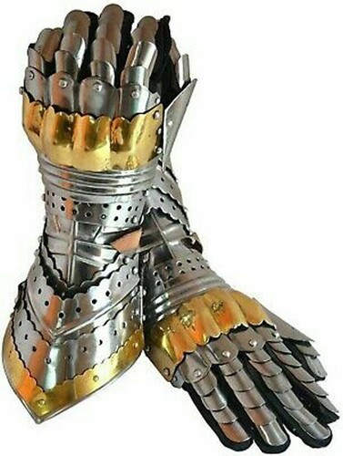 Medieval Gauntlet Gloves Armor Pair Brass Accents Crusader Glove LARP Costume - Picture 4 of 4