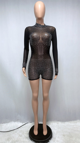 Mujeres Sexy Estrás Malla Transparente Mono Body Manga Larga Club Fiesta Mameluco - Imagen 8 de 15