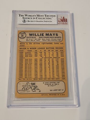 1968 Topps Willie Mays #50 BVG Beckett 3 Very Good Graded Card Giants Baseball - Picture 3 of 4