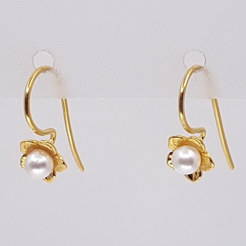 24K Gold Plated 925 Sterling Silver Flower Earrings White Pearl Drop Dangle Hook - Picture 1 of 14