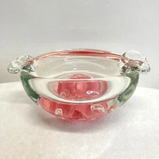 Vintage St Claire Art Glass Ashtray Paperweight Pink Flowers Controlled Bubbles