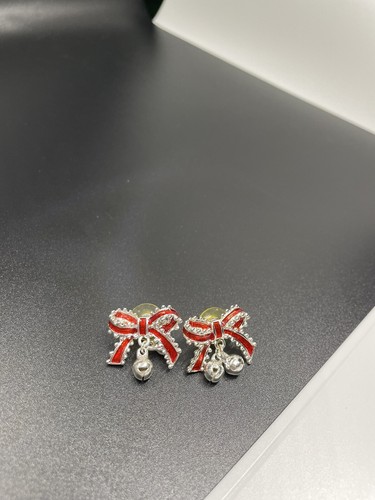 Christmas Bow Red Stud Earrings Bells Silver Tone - Picture 8 of 11