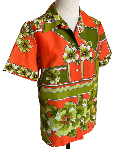 Vintage Hawaiian Shirt Top Blouse Womens Large Orange Green Floral Retro 1970s - Picture 3 of 11