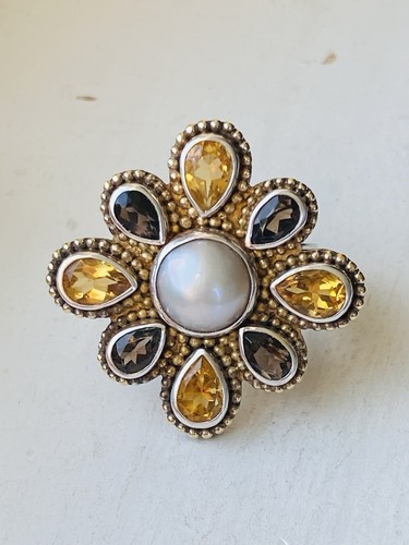 Designer CL Sterling Silver Mabe Pearl Smoky Quartz Citrine Cluster Ring Size 6 - Picture 6 of 21