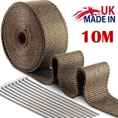 GEARZAAR 10m Titanium Gold Heat Wrap Tape Exhaust Insulating Downpipe + 10 Manifold Ties