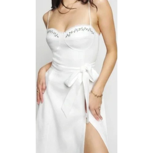 Reformation Kieryn Leinen Midikleid weiß Blumen Herzausschnitt Größe 10 - Bild 7 von 7