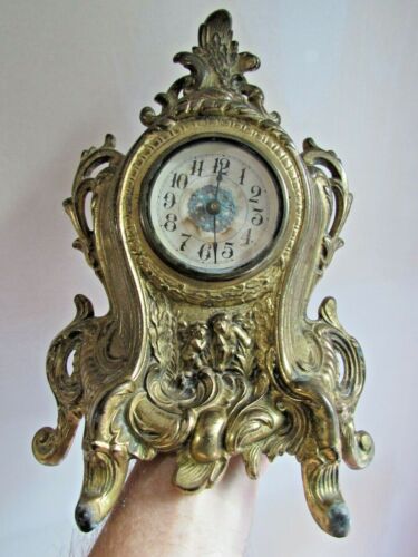 Horloge manteau victorien en fonte 1908 ton or MAIN VENT étagère horloge FONCTIONNE ! - Photo 1 sur 8