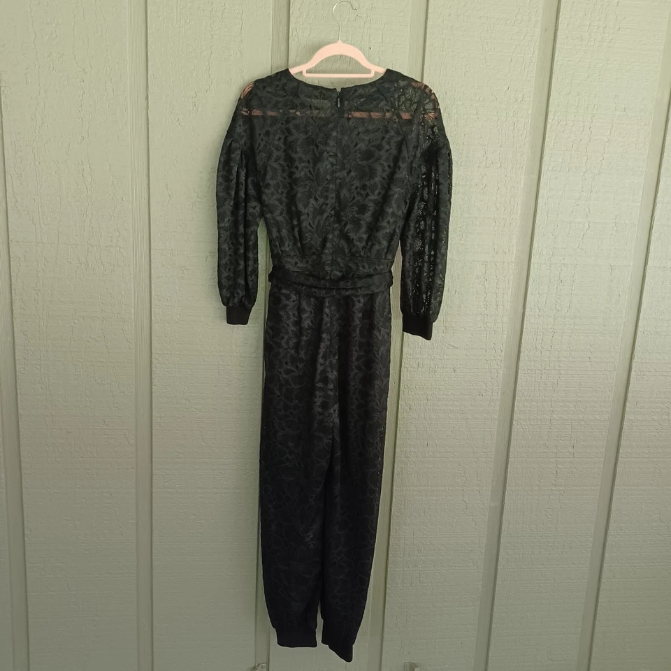 Bcbgmaxazria Women Lace Jogger Jumpsuit Size S Color Black Tie Waist Pockets - Изображение 4 из 4