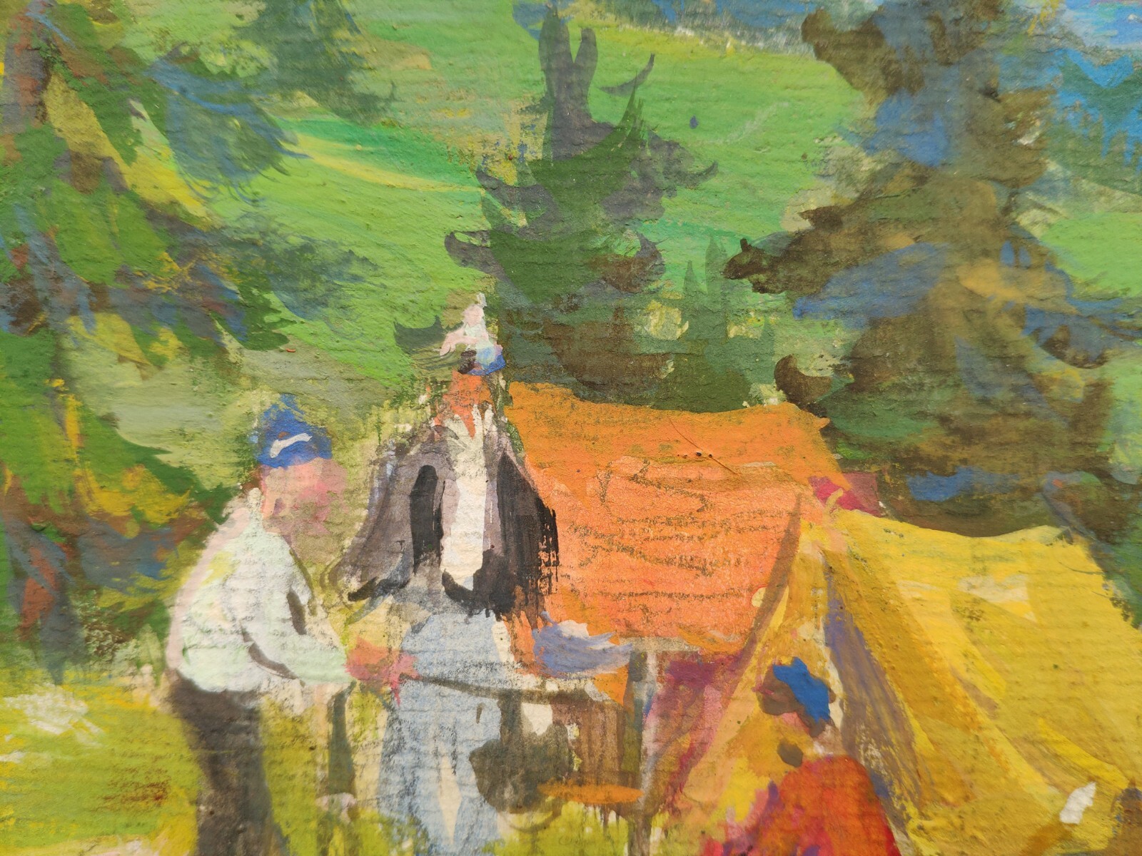 Ukrainian Soviet Oil Painting lmpressionism landscape tent rest tourist - Photo 3 sur 4