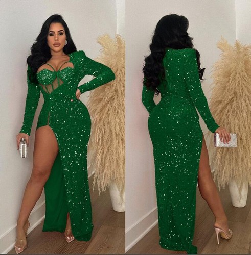 Damen 2023 Sexy Pailletten Langarm Schlitz Hüfte Paket Abend Party Kleid  - Bild 16 von 16