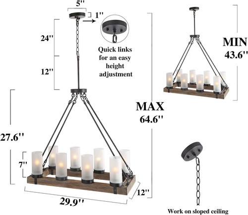Wood Chandelier Farmhouse 8-Light Brown Linear Black Chandelier Island Pendant - Picture 4 of 8