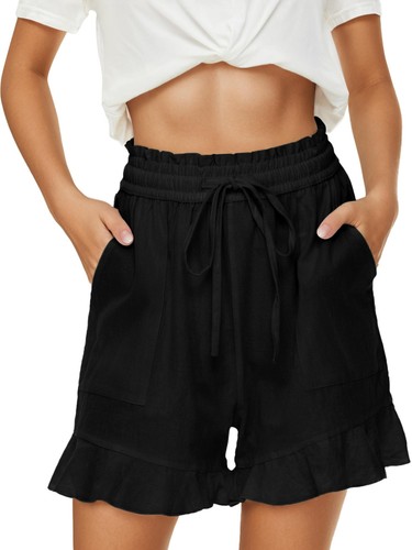 Womens High Waisted Wide Leg Drawstring Ruffle Flowy Shorts with Pockets NEW - Picture 12 of 14