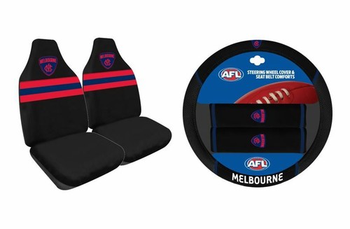 SET OF 2 MELBOURNE DEMONS AFL FRONT CAR SEAT COVERS + STEERING WHEEL COVER - Picture 1 of 3