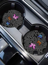2pcs Butterfly Pattern Car Coasters – Decorative Anti-Slip Cup Holder Mats-NEW
