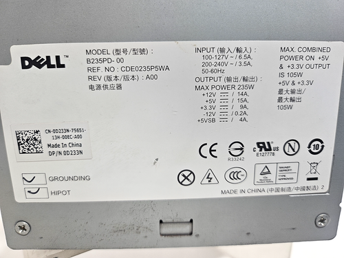 alimentatore DELL 0D233N B235PD-00 235W PER Optiplex 360 #11 - Afbeelding 2 van 4
