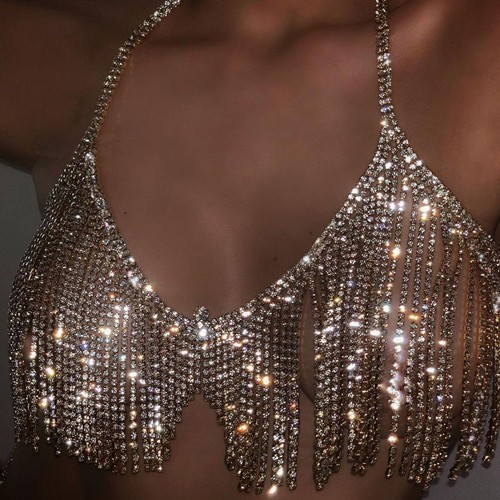 Rhinestone Tassel Bra Harness-Sexy Body Chain Rhinestone Crystal Lingerie Bikini - Picture 7 of 14