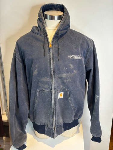 Distressed Carhartt Dark Blue Duck Canvas Jacket Men 3XL Quilted Liner Hooded