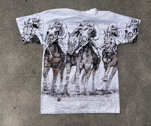 Vintage 90's Jockey Horse Racing AOP Arlington University T-Shirt Size L - Picture 2 of 7