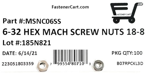 (100) 6-32 Stainless Steel Machine Screw Hex Nuts (100 Pieces) Free Shipping - Picture 2 of 5