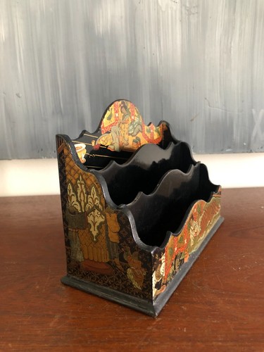 PORTE-LETTRES, RANGE COURRIER EN BOIS LAQUÉ NOIR DÉCOR JAPONISANT - Bild 4 von 15