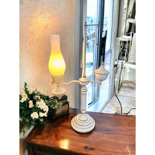 Toleware Lamp-Student Desk- Painted Black & White Metal Tole Table 2 Arm Vintage - Picture 4 of 14