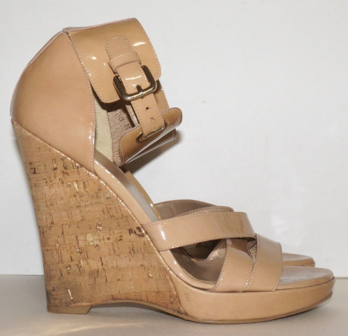 STUART WEITZMAN Beige-Tan Glossed Leather Ankle-Strap Wedge Sandals US 8.5 - Picture 2 of 16