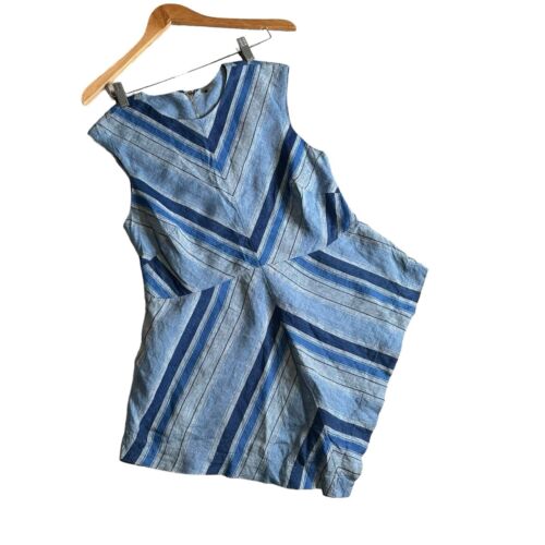 Chico's Black Label 100% Linen Blouse Blue Striped Inverted Hem Size 0 Small 4