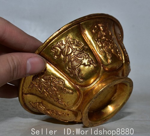 4.4" Old Chinese Bronze Gilt Fengshui 4 Great Heavenly Kings Buddha Bowl - Picture 9 of 10